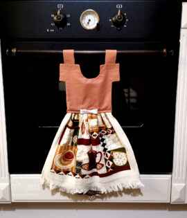 Prosop de bucătărie tip rochiță - imprimeu cu cești de cafea